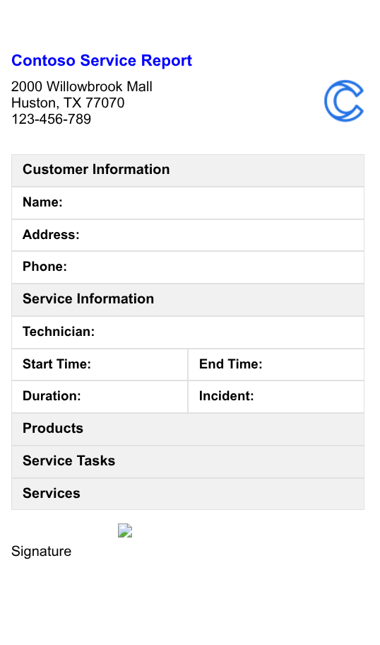Contoso Service Report preview